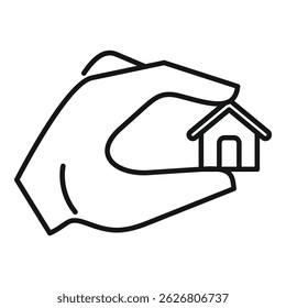 Desenho de linha de uma mão segurando cuidadosamente uma casa pequena, simbolizando a propriedade, o investimento imobiliário, ou o mercado imobiliário