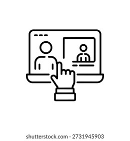 Line drawing of hand cursor on laptop screen with two people video call