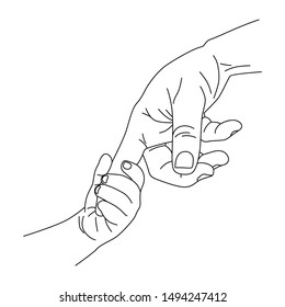 line drawing hand father and baby vector illustration, baby hand holding father hand