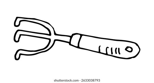 Line drawing of a hand garden hoe tool with a detailed handle and prongs