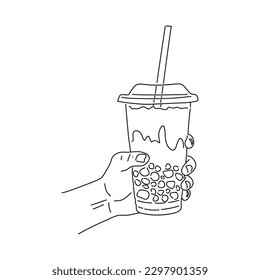 Line drawing hand holding bubble tea plastic cup  Vector 