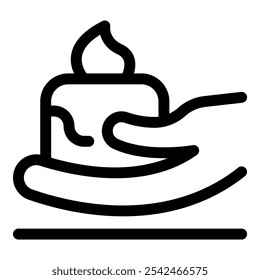 Line drawing of a hand holding a burning candle on a table with melted wax, symbolizing celebration, remembrance, or relaxation