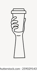 Line drawing of a hand holding a coffee cup. Simple illustration of a hand gripping a cup. Minimalist design of a hand and coffee cup in black and white. Drink illustration vector.