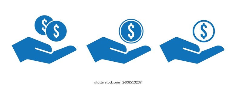 A line drawing of a hand holding coins with dollar signs. The coins are hovering above the hand, symbolizing the concept of money or financial transactions. Dollar coin in hand icon silhouette. 