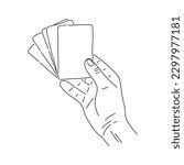 Line drawing hand holding playing cards. Vector.