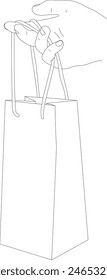 Line drawing of hand holding shopping bags and credit card. Simple paper bag line art vector illustration. 