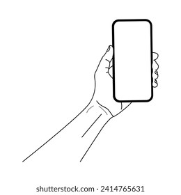 line drawing of a hand holding a smart phone. vertical position. flat design. blank screen mockup