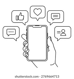 A line drawing of a hand holding a smartphone with social media icons, including a thumbs up, heart, text bubble, dots, and a person icon, surrounding the phone on a white background