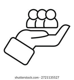 Desenho de linha de uma mão segurando três pessoas, representando atendimento ao cliente e atendimento ao cliente