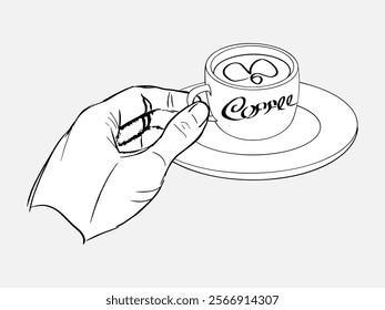 Line drawing. A hand holds a cup of espresso. Design for cafes, restaurants Vector illustration on a white background.