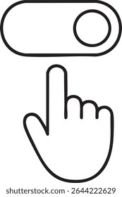A line drawing of a hand with the index finger pointing at a toggle switch in the on position.