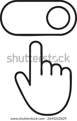 A line drawing of a hand with the index finger pointing at a toggle switch in the on position.