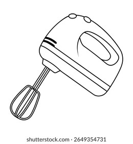 Um desenho em linha de um misturador manual com batedores. Ilustração simples de aparelho de cozinha para conceitos de cozimento ou cozimento.