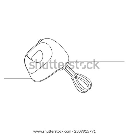 A line drawing of a hand mixer with two beaters, resting on a flat surface. The design is simple and clean, suitable for illustrating kitchen equipment or appliance manuals