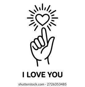 Black‑and‑white line drawing of hand pointing upward toward radiant heart with bold text “I Love You,” symbolic affectionate design expressing romance, devotion, and emotional connection