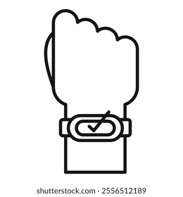 Line drawing of a hand wearing a smartwatch with a checkmark icon, symbolizing approval or success