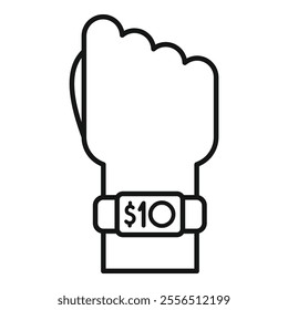 Line drawing of a hand wearing a smartwatch showing ten dollars on the screen, representing contactless payment