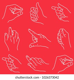 Line drawing of hands in different poses, red background