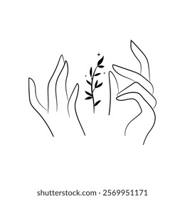 Line drawing of hands gently holding a sapling. Concept of growth, care, and environmental conservation. Vector illustration