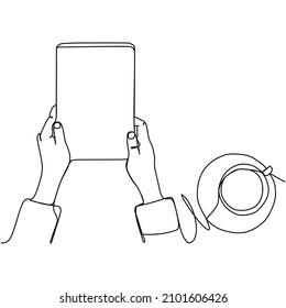 Line drawing of hands hold the tablet phone with a cup of coffee next to it. Editable stylish stroke single line draw design for business vector illustration.