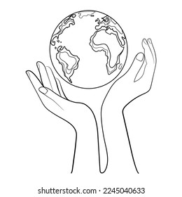 Line drawing hands holding Earth globe conceptual illustration.Save planet.Two Hands holding planet Earth emblem logo icon template.Global warming and climate change.Social responsibility for nature.