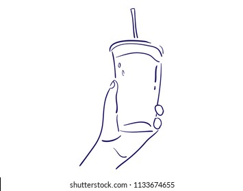 line drawing of hands holding a glass of cold water, cartoon character vector illustration