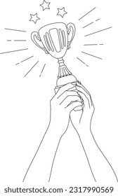 Line drawing of hands holding and raising champion winning trophy