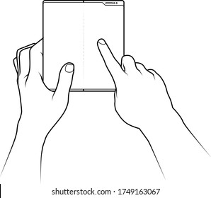 Line drawing of hands holding and using a dual screen / folding smart phone. Shown front on.
