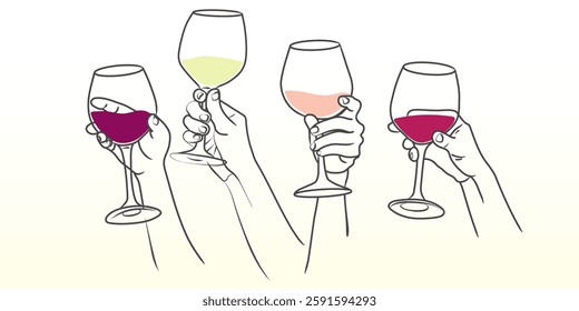 Line drawing of hands holding wine glasses. Hands raising upwards to celebrate and toast. Vector