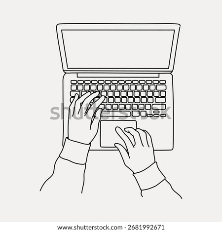 Line drawing of hands typing on a laptop. Hands on keyboard, laptop illustration, typing hands. Simple black and white sketch of laptop and hands. Minimal line art illustration vector.