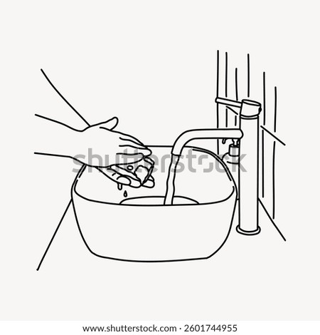 Line drawing of hands washing under a faucet. Soap lathering, water flowing. Clean hands, hygiene focus. Simple, minimalistic design. Doodle illustration vector.