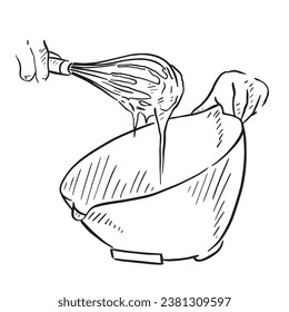 A line drawing of hands whisking some batter. Dripping from the whisk and into a bowl.  svg