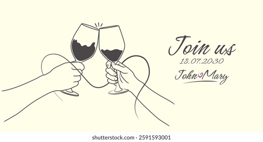 Line drawing of hands with wine glasses toasting. Template for invitation, event, greeting. Vector illustration