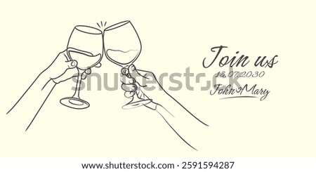 Line drawing of hands with wine glasses toasting. Template for invitation, event, greeting. Vector illustration