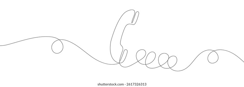 Line drawing handset cell. Single draw phone icon, line art contact us concept, telephone continuous monoline . line drawing of retro telephone with copy space, Phone line continuous draw .