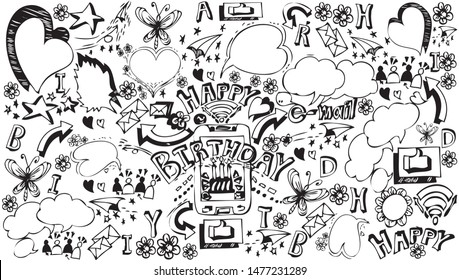 Line drawing of Happy Birthday,  Flower,  Heart,  Mobile Phone,  Cake, Email, Greeting, Butterfly. Black and white. Concepts of communication technology. Vector illustration.