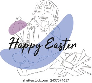 line drawing of happy boy eating chocolate easter egg