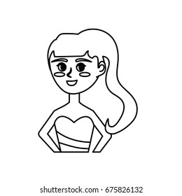 line drawing happy bride with hairstyle and elegant gown