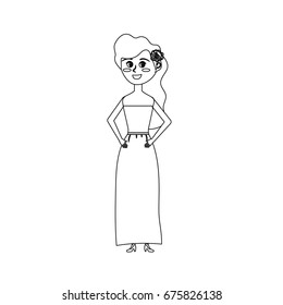 line drawing happy bride with hairstyle and elegant gown