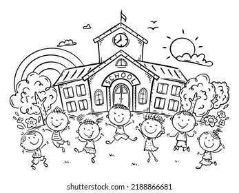 Line Drawing Of Happy Cartoon Children Playing In Front Of School Building, Back To School Clipart
