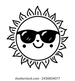 Line drawing happy cheerful sun in sunglasses. Vector, isolated, eps10.