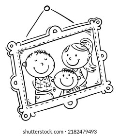 Line Drawing Of Happy Family Portrait In A Frame On The Wall. Photo For Memory