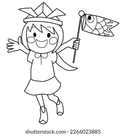 Line drawing of a happy girl wearing an origami helmet and holding a Koinobori decoration. The image is based on Children's Day.