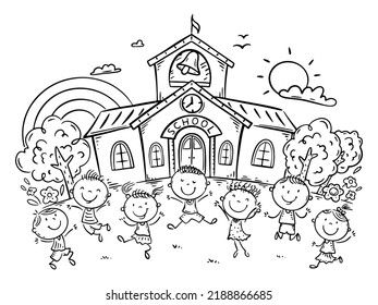 Line Drawing Of Happy Kids In Front Of School Building, Back To School Clipart