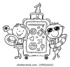 Line drawing of happy kids traveling with suitcase in summer. Vacations and seaside clipart