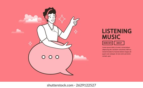 Line drawing of happy man wearing headphone. Man listening music on headphones outline. Happy man relax outside. vector illustration.