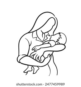 Line drawing of happy mother holds child. Woman carrying baby. Child Infant vector Illustration.