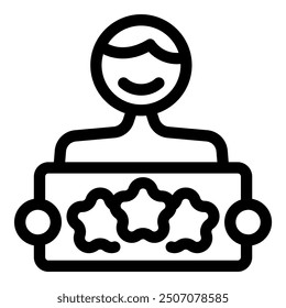 Line drawing of a happy person holding a sign displaying three stars, representing a positive customer satisfaction rating