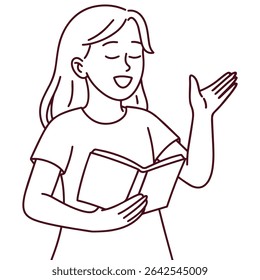 Line drawing of a happy young woman reading a book and smiling, conveying a peaceful and focused learning moment
