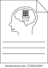Dibujo de línea de la cabeza con barra de chocolate cerebral dentro del doblez de la esquina del papel cerebral y líneas en la parte inferior